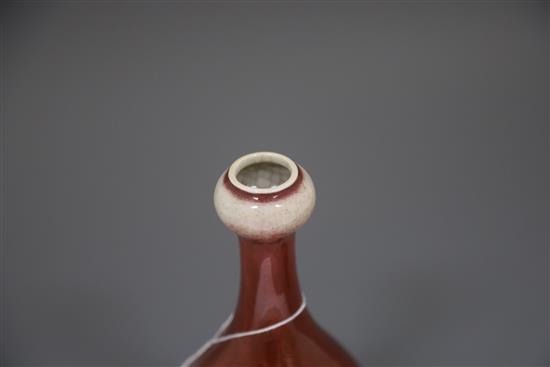 A Chinese sang de boeuf lang yao garlic neck vase, 19th century, H.24cm, two small foot chips, wood stand